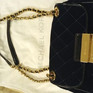 Dark blue suede MK bag with 62 cm strap and 32cm handle